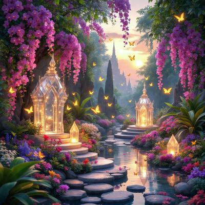 Primary subject: A beautiful garden with a pathway, surrounded by flowers and lit by lanterns.

Setting/background: The garden is set in a serene environment, with a pond and a castle in the background.

Visual style: The image is a digital artwork, featuring a vibrant and lush garden scene.

Colors and mood: The garden is filled with a variety of flowers, creating a colorful and inviting atmosphere. The lanterns add a warm and cozy amb